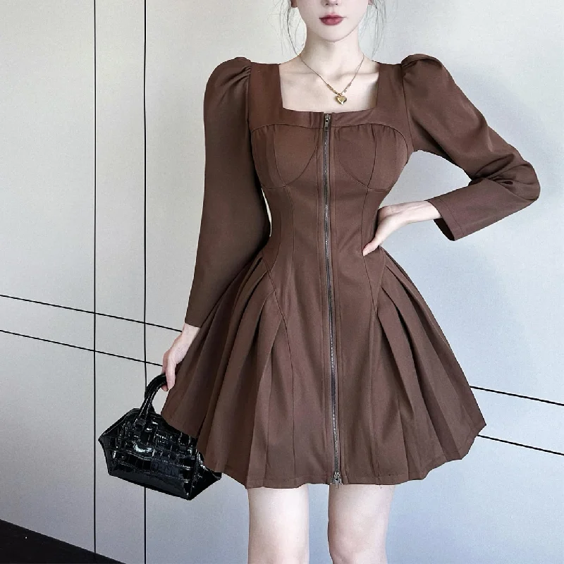 Retro Zipper Square Neck Crumpled Slim Dress