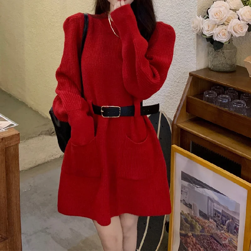 Round Neck Double Pocket Waist Slim Casual Knit Dress