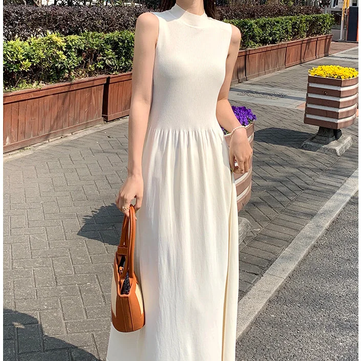 Round Neck Sleeveless Waist Slim Knit Dress