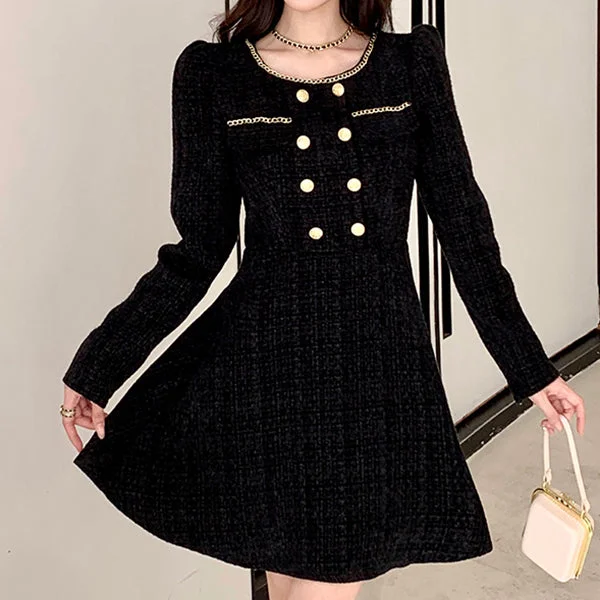 Round Neck Tweed Elegant Temperament Waist Dress