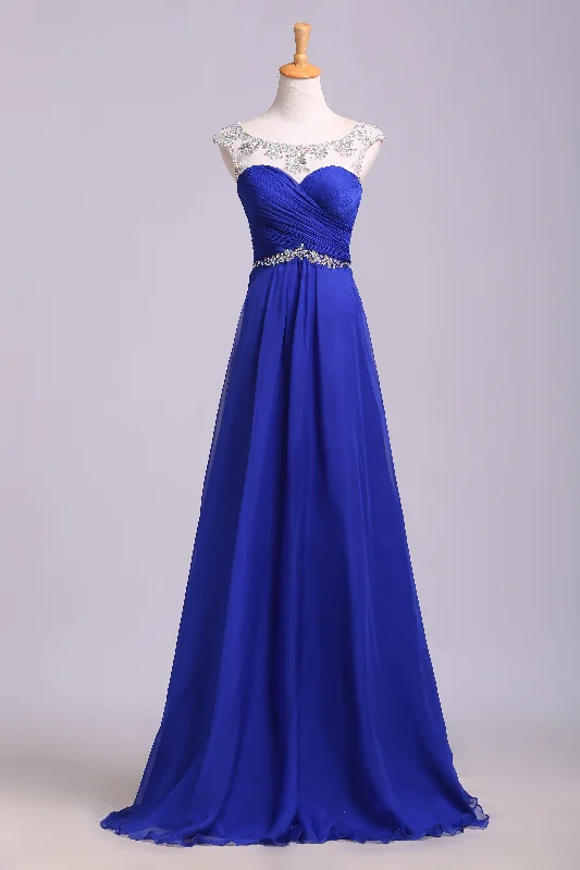 Royal Blue Floor Length Chiffon Prom Dresses with Rhinestone Belt Evening Dresses with Pleats N1203