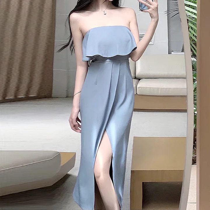 Ruffled Slit Slim High Waist Tube Dress