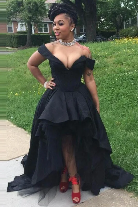 Sexy Black Off the Shoulder V-Neck High Low Prom Dresses