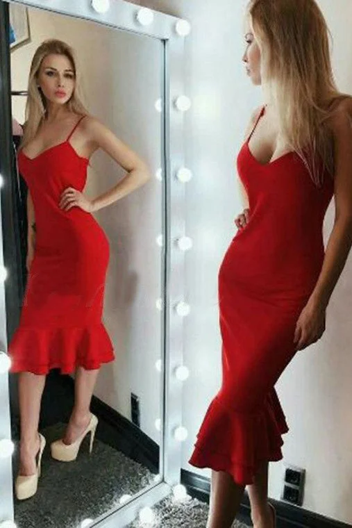 Sheath Spaghetti Straps Red Tea-Length Prom Dresses N1354