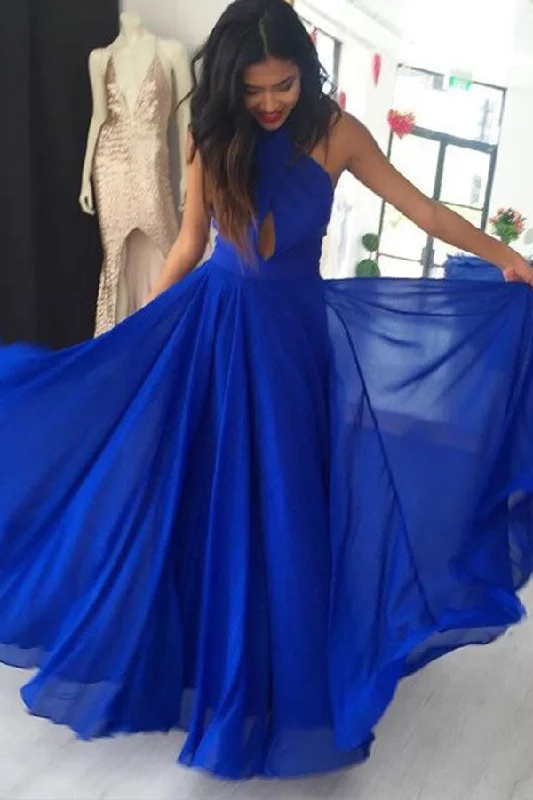 A Line Prom Gown Halter Royal Blue Chiffon Evening Dresses with Keyhole N1250