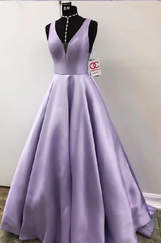 Lavender V Neck Sleeveless Prom Dresses Graduation Dresses