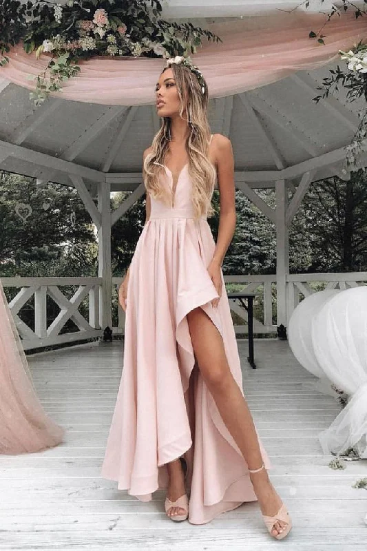 Light Pink Asymmetrical Prom Dresses Sexy Spaghetti Strap Bridesmaid Dresses N1292