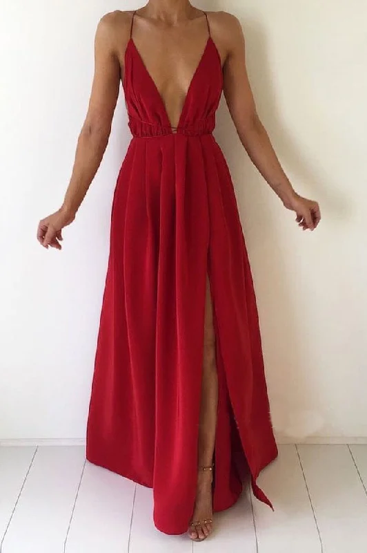 Red Deep V-Neck Chiffon Backless Prom Dresses with Slit