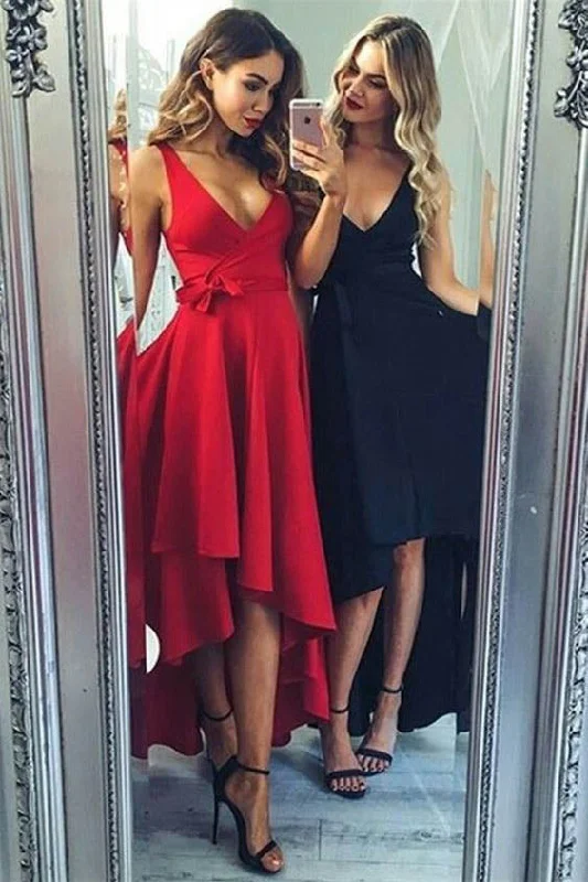 Red High Low V-Neck Sleeveless Prom Dresses