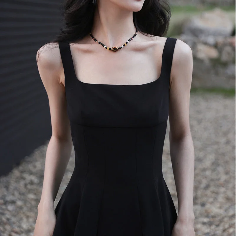 Sleeveless Square Neck High Waisted Black Dress