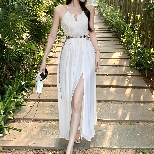 Slit Loose Halter Neck Belt White A-Line Dress