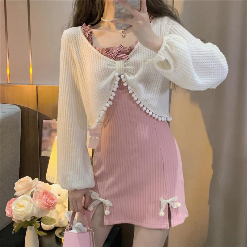 Slit Slim Bow Pink Dress White Cardigan Set