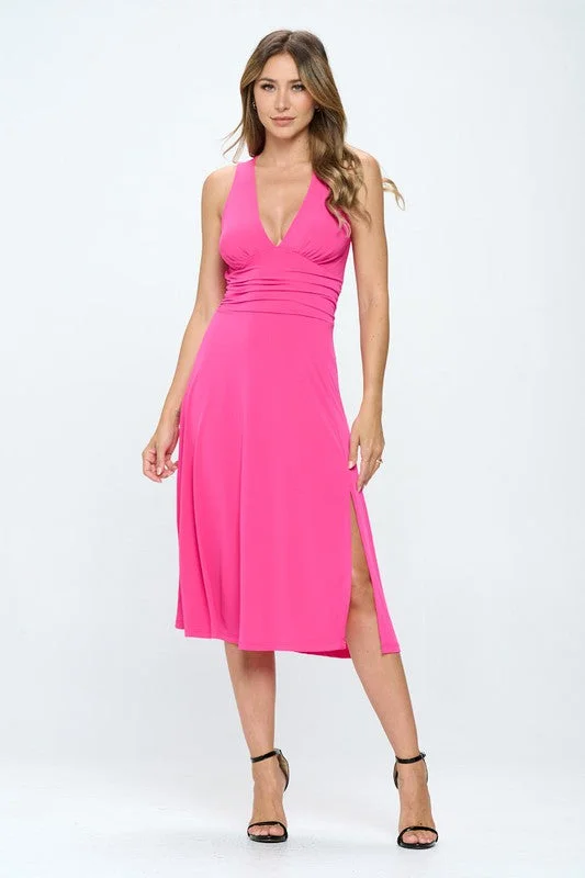 Solid Deep V-Neck Dress with Slit