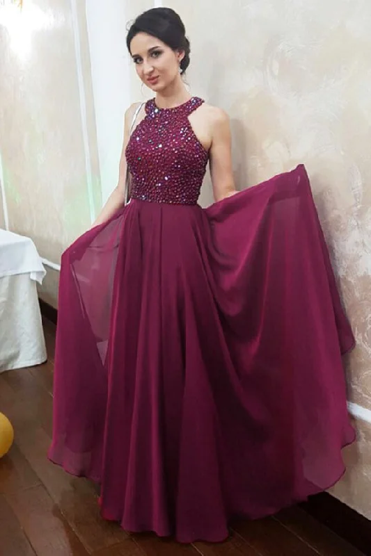 Sparkly Dark Magenta Jewel Sleeveless Floor Length Chiffon Prom Dresses with Beading N845