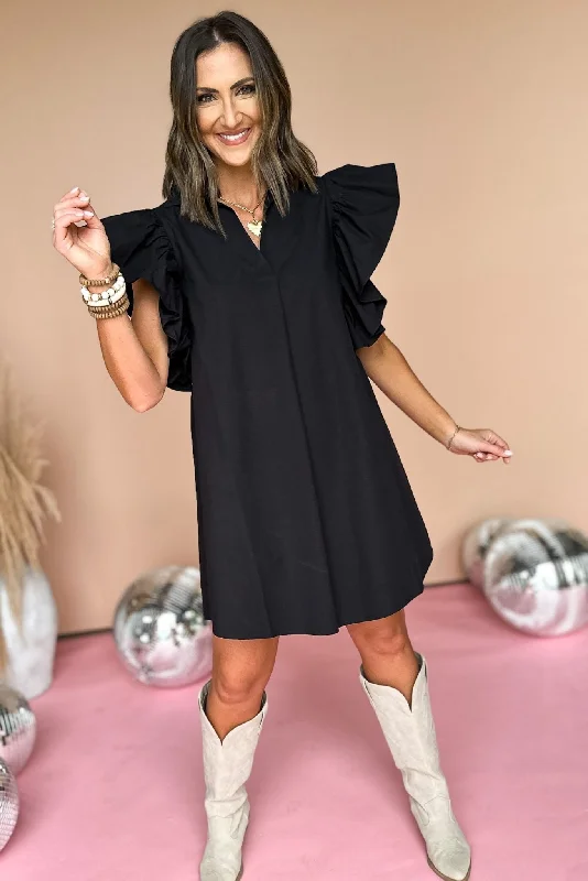 SSYS Black Ruffle Shoulder Poplin Dress