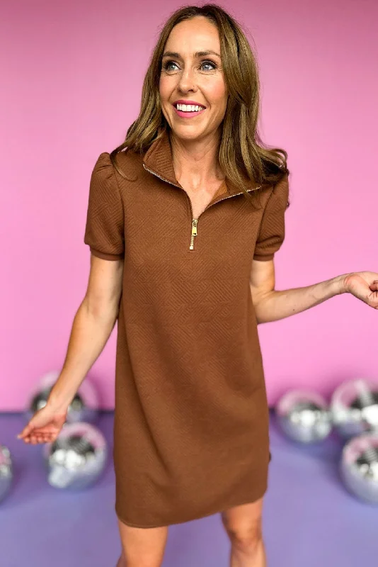 SSYS Mocha Quilted Half Zip Puff Shoulder Dress