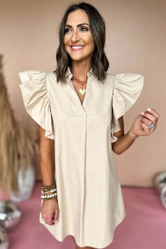 SSYS Taupe Ruffle Shoulder Poplin Dress