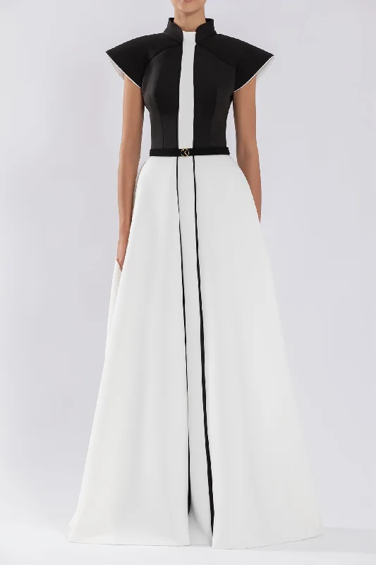 Structured sleeves neoprene belted gown