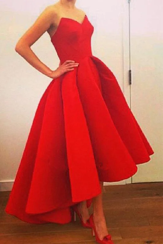 Red Sweetheart High-low Strapless Red Prom Dresses With Ruffles