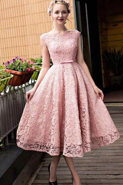 A Line Pink Cap Sleeves Appliqued Homecoming Dress