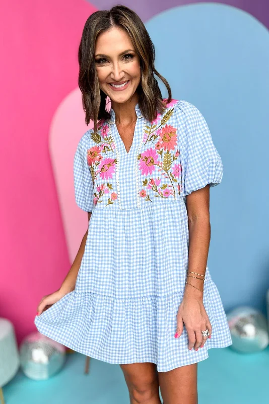 THML Blue Gingham Embroidered Detail Dress