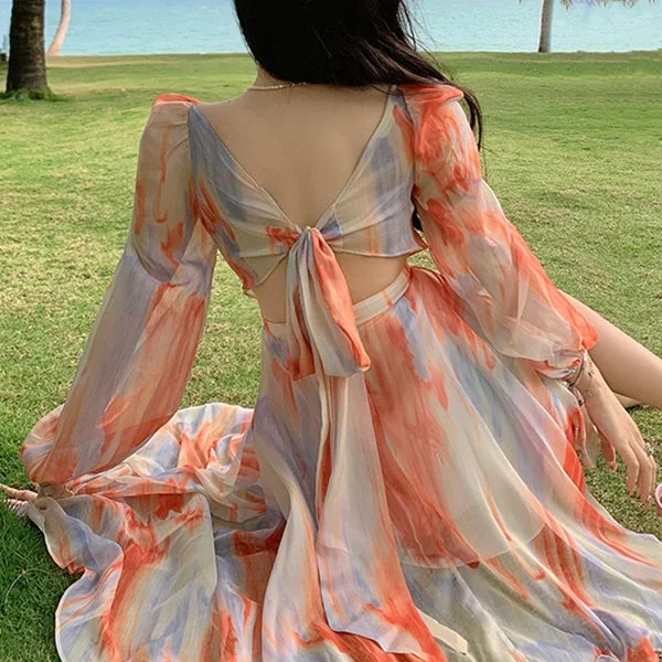 Tie-Dye Chiffon Irregular Backless Holiday Dress