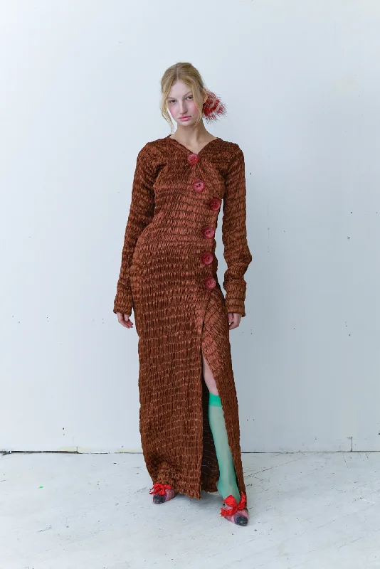 Tigra Tigra - Gathered Giant Button Dress - Chocolate