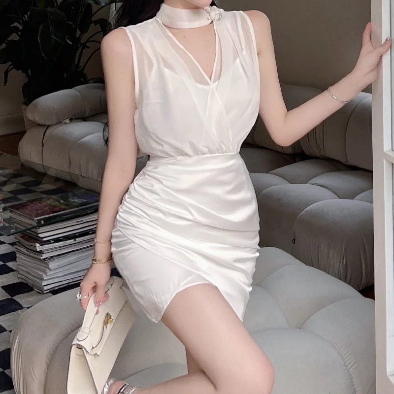 V-Neck Satin Pleated Halterneck Cami Dress