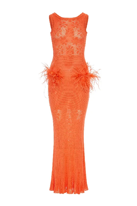 Vanilla Coral Knit Dress With Feathers