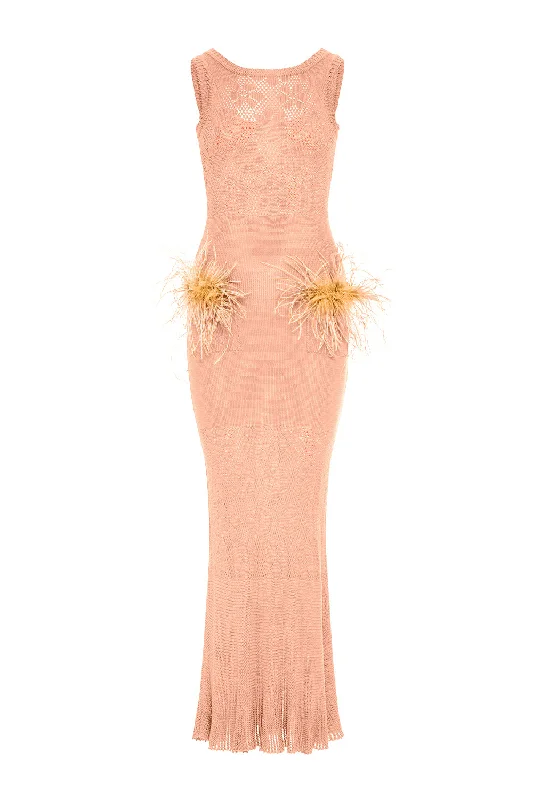 Vanilla Peach Knit Dress With Feathers