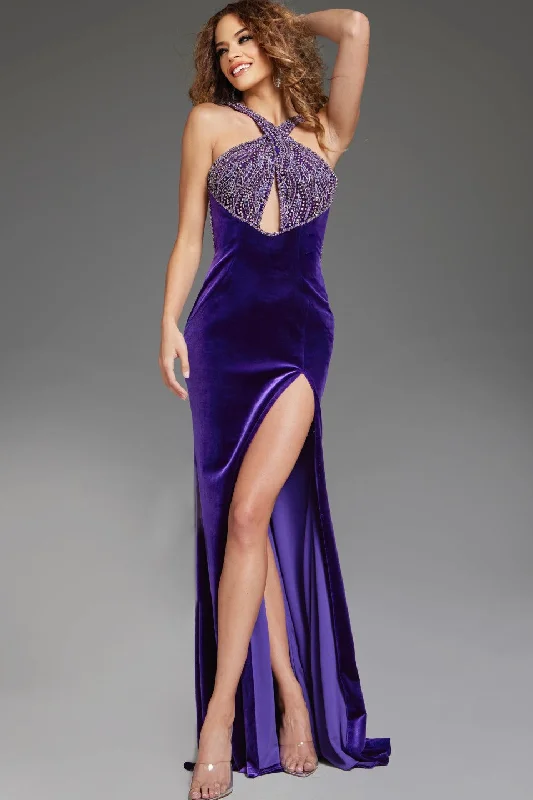 Velvet Fitted Halter Slit Gown by Jovani 38951