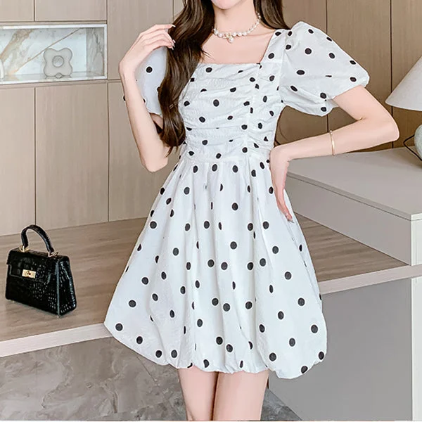 White Polka Dot Puff Sleeve Sweet Dress