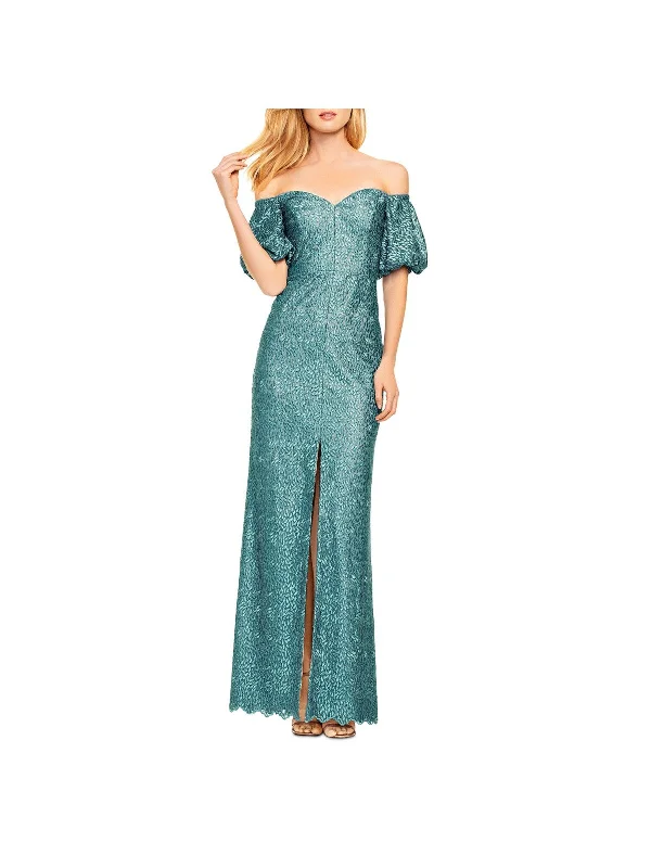 AIDAN MATTOX Womens Teal Lace Embroidered Zippered Slitted Elbow Sleeve Off Shoulder Full-Length Formal Gown Dress