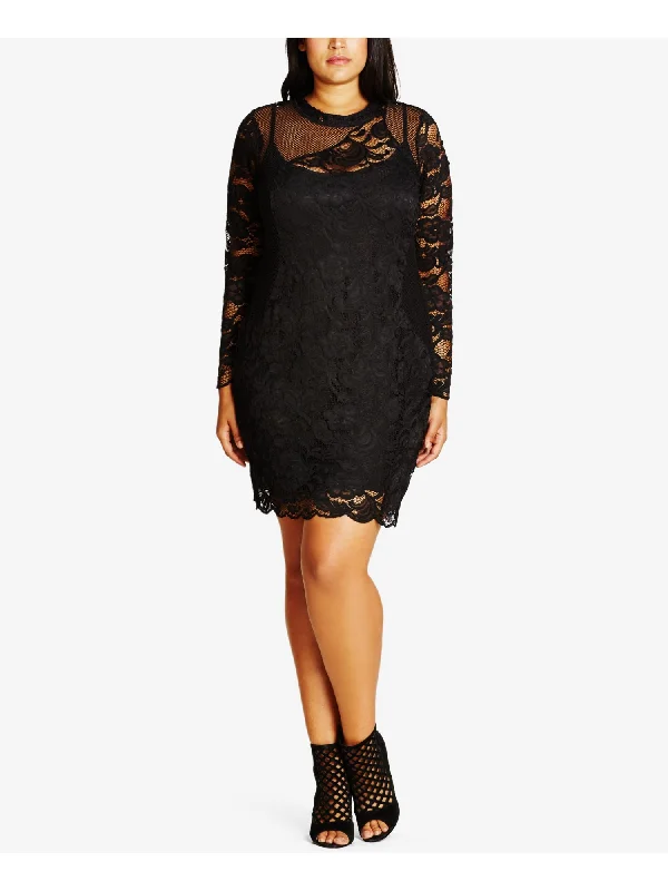 CITY CHIC Womens Black Stretch Lace Scalloped Mesh Panel Floral Long Sleeve Crew Neck Above The Knee Party Sheath Dress