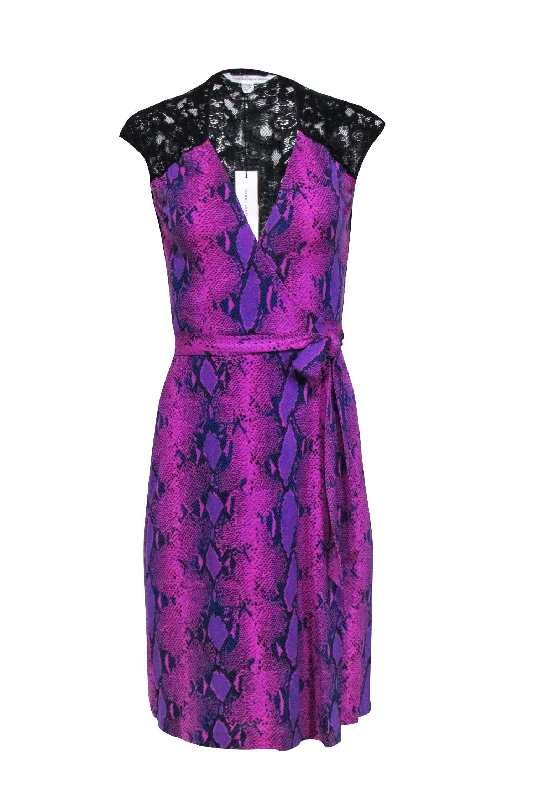 Diane von Furstenberg - Pink & Purple Snakeskin Print Wrap Dress w/ Lace Back Sz 4