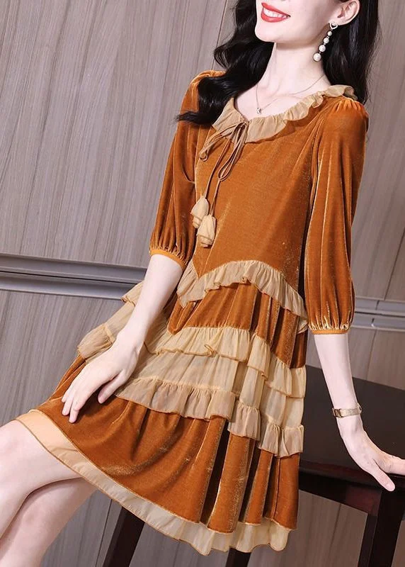 New Orange Lace Up Ruffled Velour Mid Dresses Spring