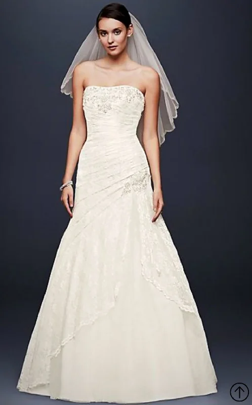 David's Bridal YP3344 A-Line Lace Dress With Side Split Detail