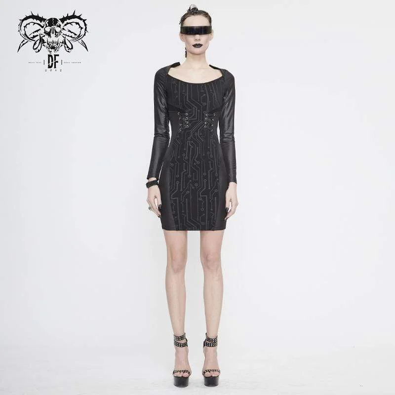 Women's Gothic Black Long Sleeved Short Shift Dresses with Lace