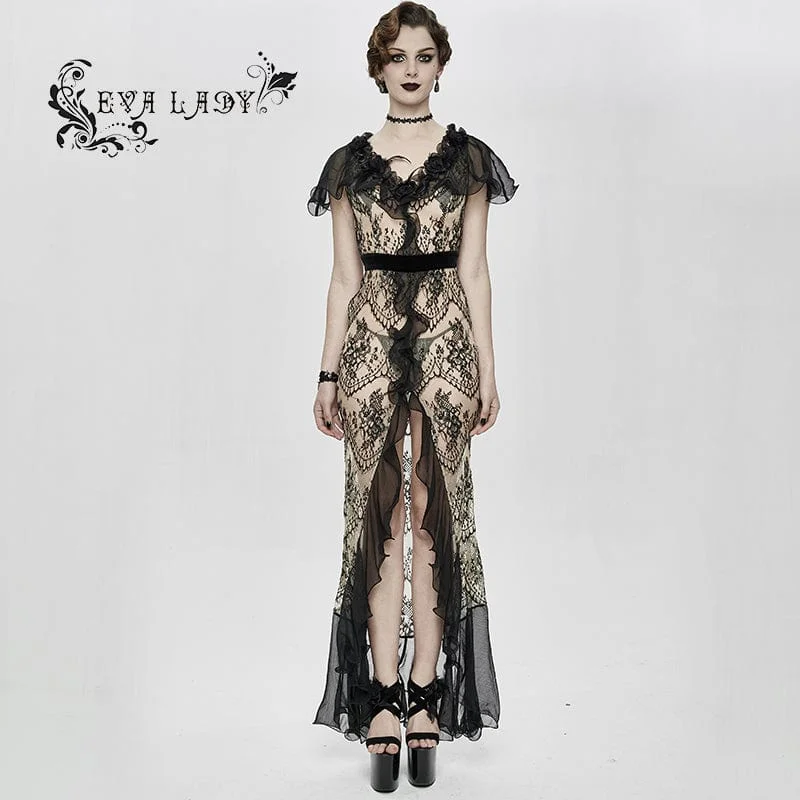 Women's Gothic Turn-down Collar Sheer Floral Lace Dovetail Dress