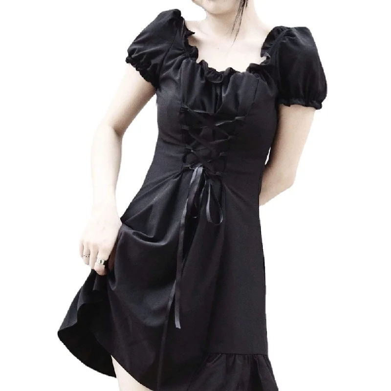 Women's Grunge Puff Sleeve Lace-up JK Black Dress