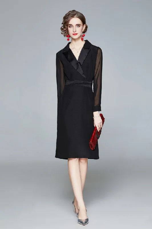 Black ?ocktail A-line Notch Lapel Long Sleeve Knee Dress