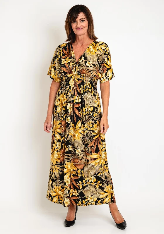 Natalia Collection One Size Floral Print Maxi Dress, Black & Gold