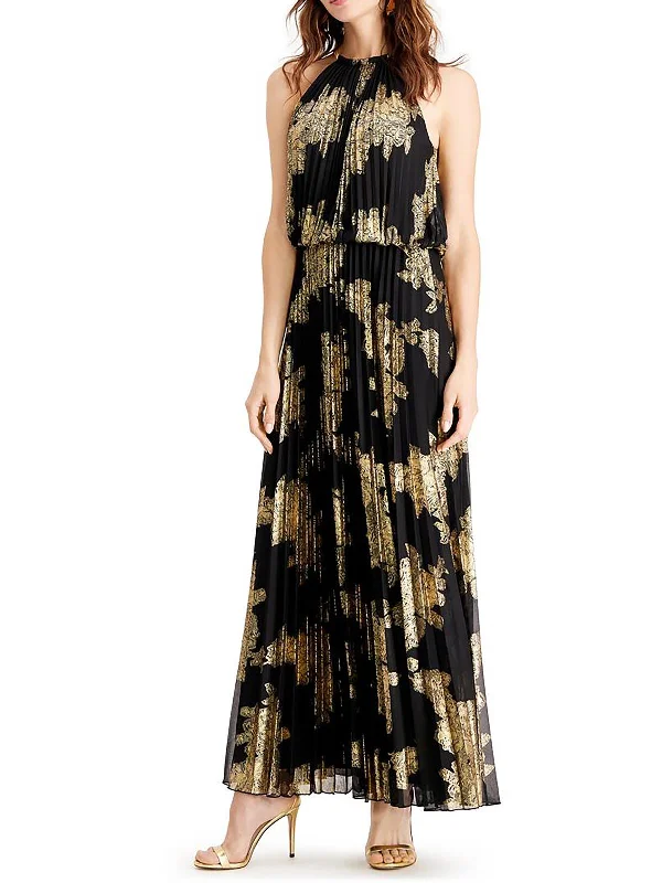 Petites Womens Metallic Blouson Maxi Dress