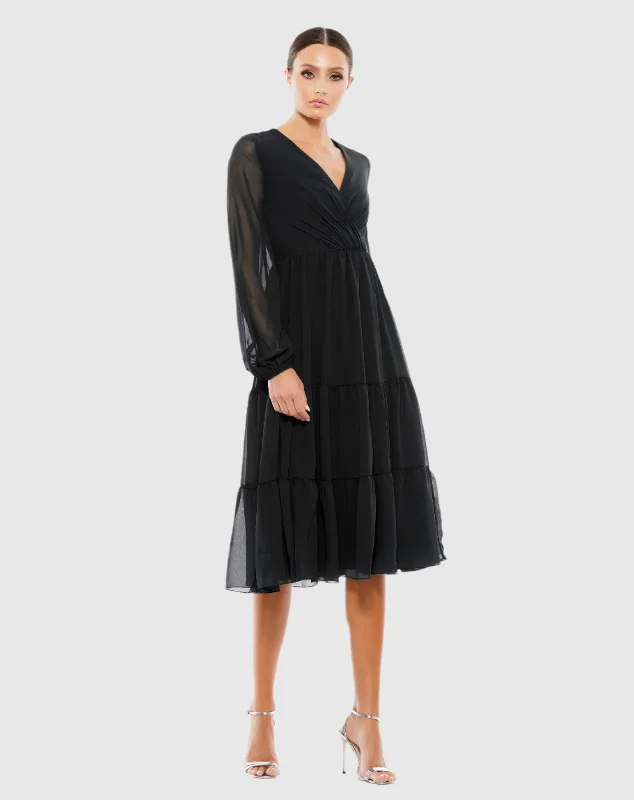 Black Ruched V-Neck Tiered Midi Dress - FINAL SALE