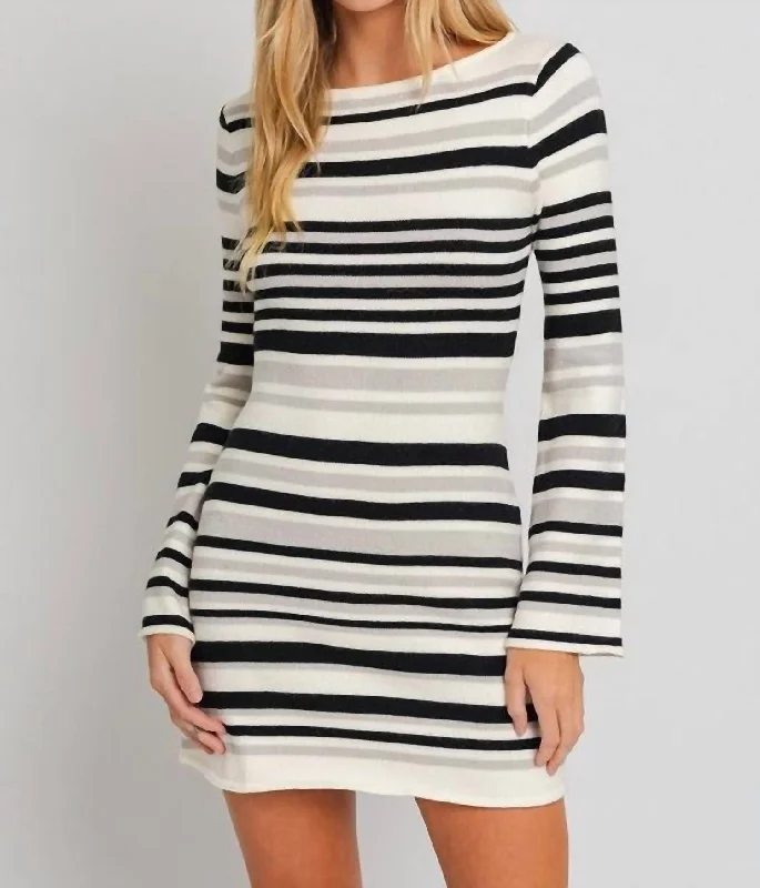 Boat Neck Bell Sleeve Sweater Dress In White/black Stripe