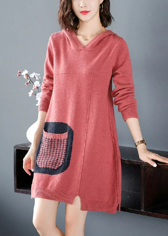 Casual Red Patchwork Knitted Cotton Thread Hooded Sweater Dress Fall HA1011