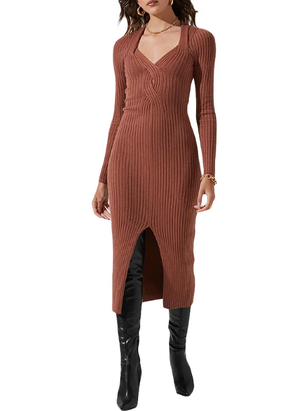 Womens Ribbed Knit Split Hem Sweaterdress