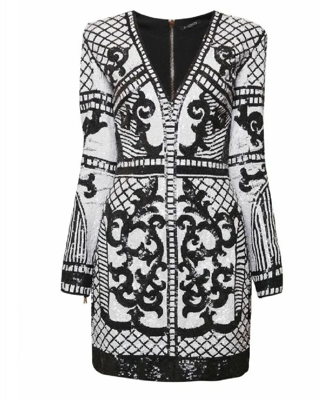 Balmain Womens Black & White Sequins Fitted Silhouette Long Sleeved Dress