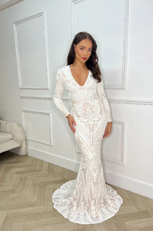 Arabella White Luxe Tribal Vip Sequin Plunge Fishtail Dress