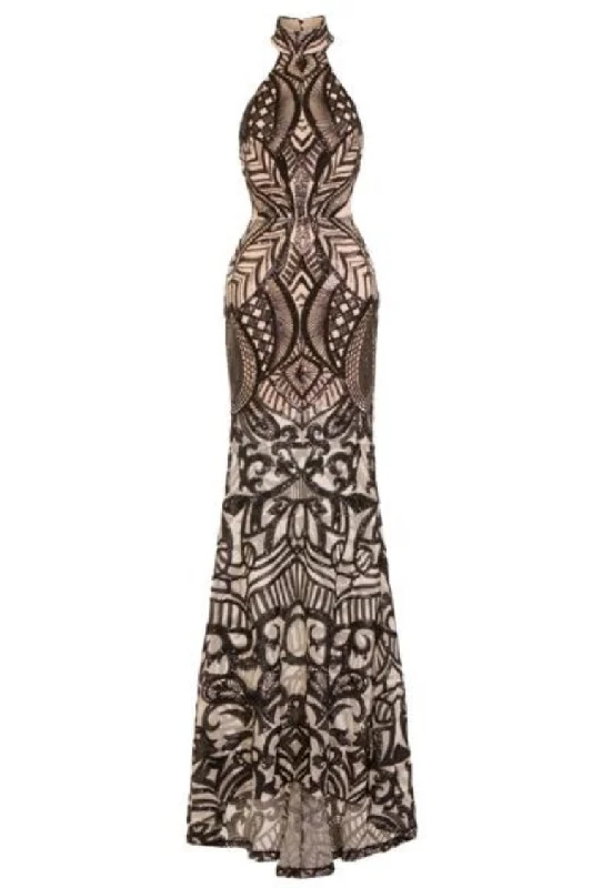 Envy Black Nude Vip Luxe Illusion Sequin Embellished Fishtail Dress